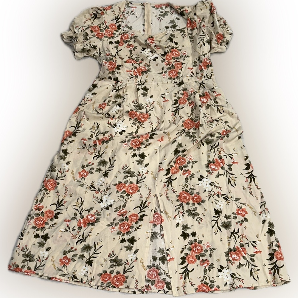 Women’s Beige Floral Midi Dress Puff Sleeve Square Neck - Picture 3 of 7